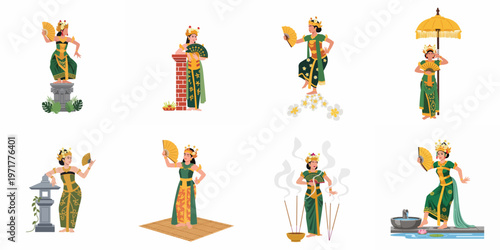 Collection of flat vector illustrations featuring traditional Balinese dancers in iconic poses with cultural elements like fans, umbrellas, and temple decor.