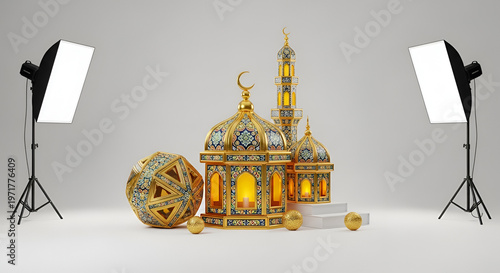 islamic golden mosque lantern and geometric orb setup for studio photography, with softbox lights on tripods, festive decor, elegant, 3d render