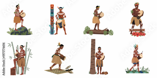 Set of indigenous men in traditional attire playing various types of tribal drums in diverse cultural and natural settings.
