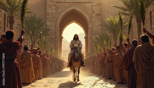 Jesus rides donkey into city gates. People hold palm branches, cheer for him. Religious procession enters Jerusalem. Celebrations mark holy week event.