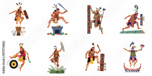 Flat vector illustrations of Dayak tribal warriors and dancers in traditional costumes, performing various cultural activities with weapons, instruments, and ritual objects.