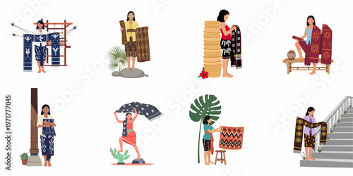 Flat Vector Illustration Set of Indonesian Women Showcasing Traditional Tenun Ikat Textiles and Cultural Heritage Crafts From Various Regions.