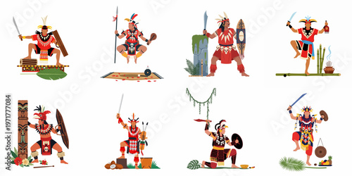 Collection of indigenous Dayak warriors in traditional attire with weapons and cultural symbols, flat illustration.