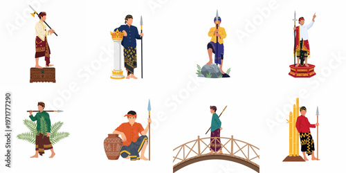 Set of Illustrations Featuring Indonesian Traditional Warriors in Ethnic Clothing with Spears and Ancient Weapons