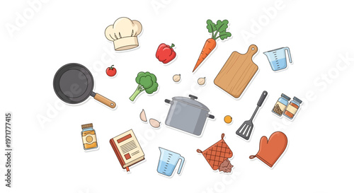 Cooking Kitchen Tools and Fresh Healthy Food Ingredients Set