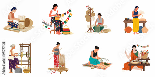 Set of flat vector illustrations depicting Indonesian women engaged in traditional handicrafts like basket weaving and loom weaving for cultural celebrations and markets.