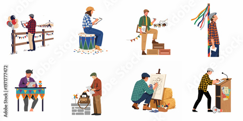 Collection of illustrations showing artists sketching and painting portraits at an outdoor country fair, featuring various scenes with people and festive decorations.