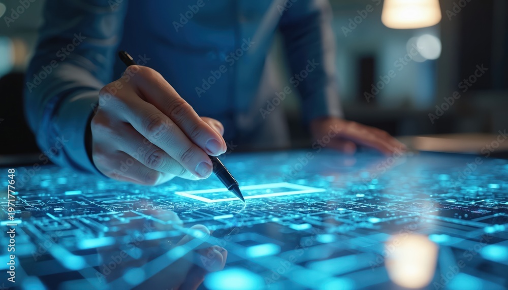 Naklejka premium Pro analyzes futuristic digital interface on interactive table screen. Man uses stylus pen to plan complex tech system, engage in deep thought, focus on innovation, future data visualization.
