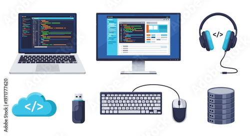 Technology and Coding Development Vector Icon Set for Programming and It