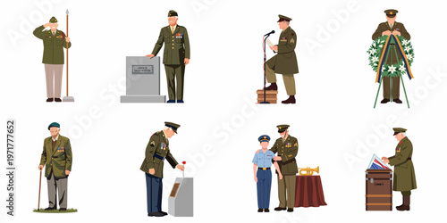 A collection of veteran characters in military uniforms, depicting scenes of remembrance, honoring fallen soldiers, ceremonies, and military service on a white background.