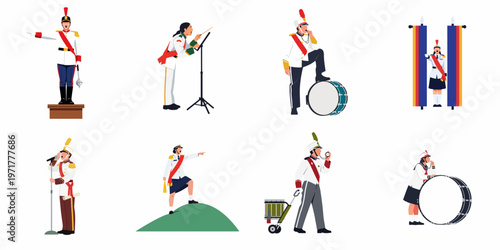 Diverse collection of marching band members, conductors, and parade performers in formal uniforms, featuring drum majors, musicians, and leaders in various poses.