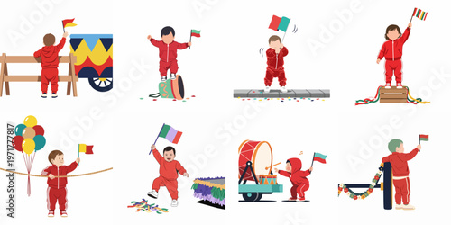 A collection of eight illustrations featuring a toddler in a red tracksuit participating in a festive parade with flags, balloons, and drums.