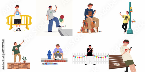 Set of young men in trendy streetwear with red bandanas using smartphones in various urban outdoor settings, flat vector illustration.