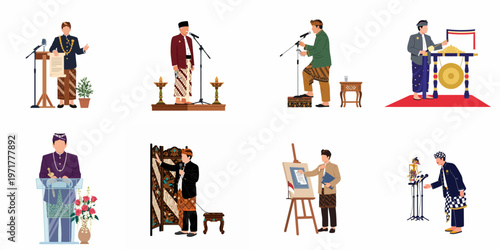 Illustrations of Indonesian men in traditional Javanese and Balinese clothing performing formal duties, delivering speeches, and participating in cultural ceremonies.