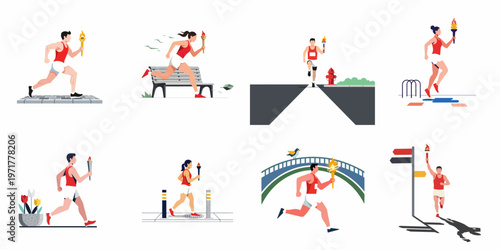 A collection of flat vector illustrations depicting various male and female athletes running with a flaming torch in different outdoor urban settings.