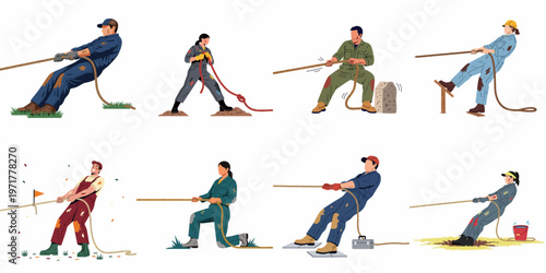 Flat illustration collection of various industrial workers in jumpsuits and overalls pulling a rope together, symbolizing hard work, teamwork, and collective effort.