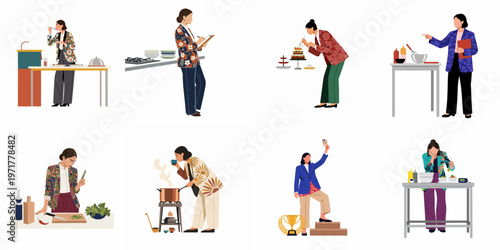 Illustration set featuring professional women in culinary roles, including chefs, food critics, and kitchen inspectors engaged in various cooking and tasting activities.