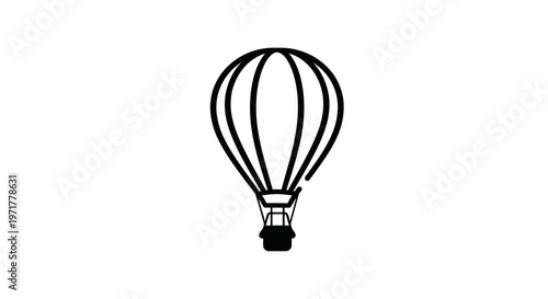 Black and white hot air balloon icon on white background.