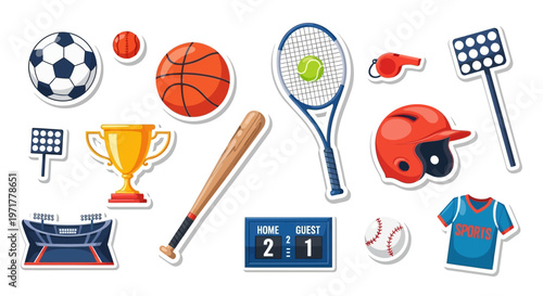 Sports Equipment Collection Featuring Various Game Items on White Background