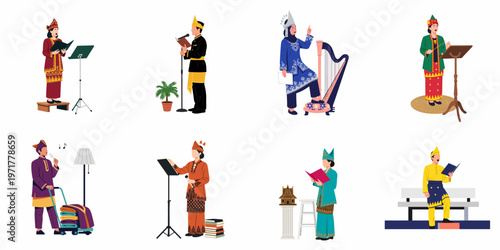 Collection of Diverse Characters in Southeast Asian Traditional Attire Engaging in Musical and Educational Activities Like Singing, Reading, and Conducting