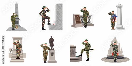 Set of soldiers saluting at various military memorials and monuments, honoring veterans and fallen heroes in flat vector style.