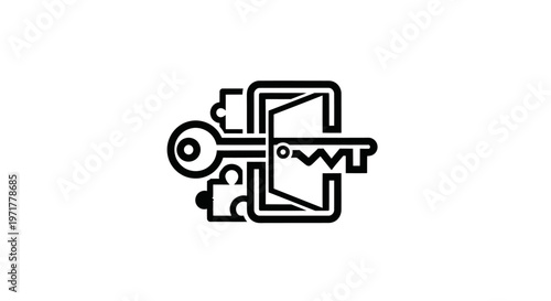 Key unlocking a puzzle-like door, representing access and solutions