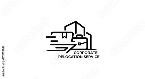 Corporate Relocation Service Logo Icon: Moving Truck, Briefcase, Building