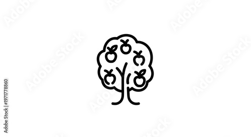 Simple Line Art Apple Tree Icon with Fruits on White Background