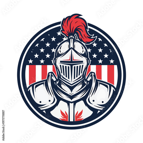Patriotic armored warrior emblem featuring a knight's helmet against a national flag background, vector illustration.