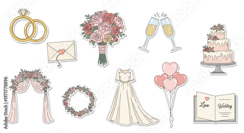 Wedding Ceremony Celebration Elements Set with Rings and Flowers