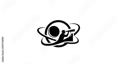 Astronomy logo: person with telescope looking at planet in orbit