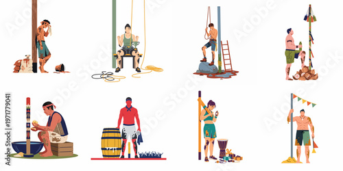 Vector illustrations of people participating in traditional grease pole climbing and mud-related cultural festivals, showing exhaustion, effort, and celebration.