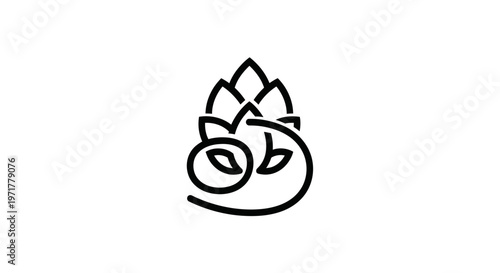 Minimalist hop cone outline logo with leaves, graphic design, brewing symbol