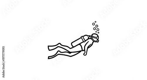 Scuba Diver Icon with Bubbles - Simple Line Art