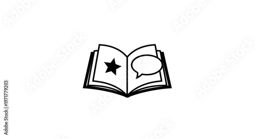 Open book with star and speech bubble icon, concept of learning, knowledge, and communication