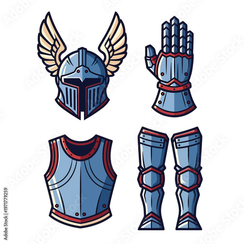 Vector illustration displaying medieval knight armor components: helmet, gauntlet, cuirass, leg guards.