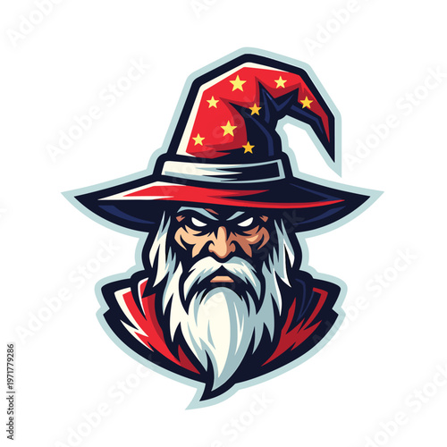 Powerful Fantasy Wizard Mascot Emblem with Stern Gaze and Starred Hat Illustration