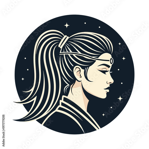 Stylized Graphic Illustration of a Cosmic Maiden's Serene Profile Against a Starry Night Sky