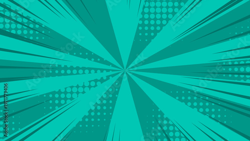 Dynamic Teal Comic Book Explosion Background with Radial Speed Lines and Halftone Dots, Perfect for Vibrant Design Projects and Pop Art Themes