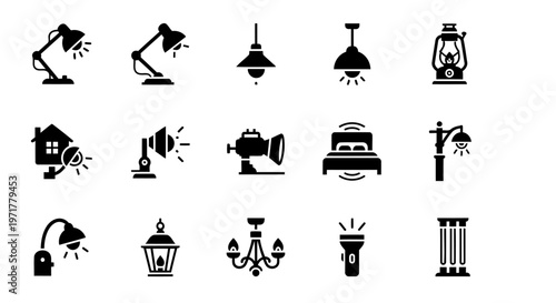A premium collection of 15 black silhouette lamp icons arranged in a single frame. Features various lighting types including desk lamp, floor lamp, pendant light, lantern, chandelier, and modern LED 