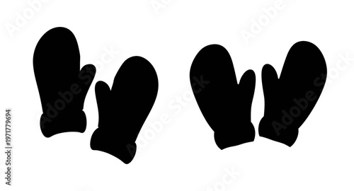 Black silhouette of four mittens on for winter clothing or fashion design