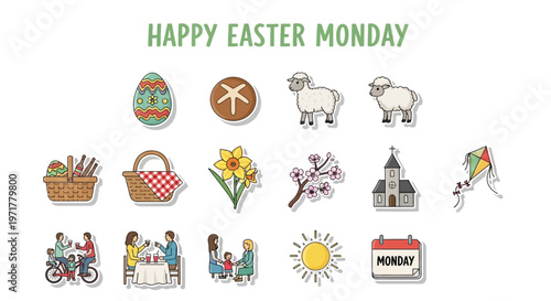A cheerful set of illustrations for Easter Monday, featuring decorative eggs, fluffy lambs, spring daffodils, family picnics, and joyful holiday celebrations