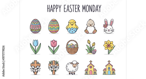 Happy Easter Monday Collection of Festive Icons Featuring Easter Eggs, Chicks, Bunnies, Flowers, Baskets, and Religious Symbols for Spring Celebrations