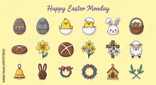 Cheerful and vibrant collection of festive Easter holiday icons, featuring traditional symbols like decorated eggs, cute bunnies, playful chicks, and spring flowers for designs