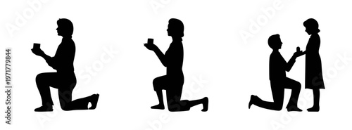 Silhouette of man proposing to woman with ring in different poses