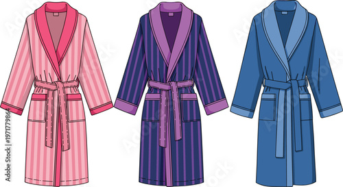 Set of cozy bathrobes in different colors isolated on white background home clothing vector illustration collection