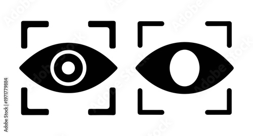 Black and white illustration of two eyes with camera viewfinder outlines around them on a pure