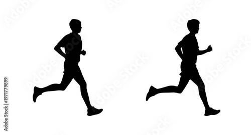 Two men running in a black silhouette style