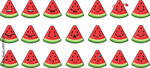 Set of cute watermelon slice characters with different emotions isolated on white background cartoon fruit vector illustration collection
