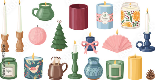 Set of decorative candles in various styles and holders isolated on white background cozy home decor vector illustration collection